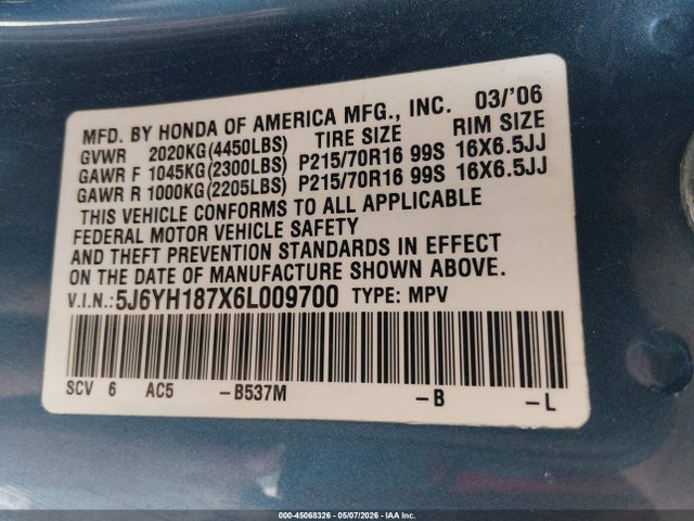 2006 Honda Element Ex-p მანქანა იყიდება აუქციონზე, vin: 5J6YH187X6L009700, აუქციონის ნომერი: 45068326