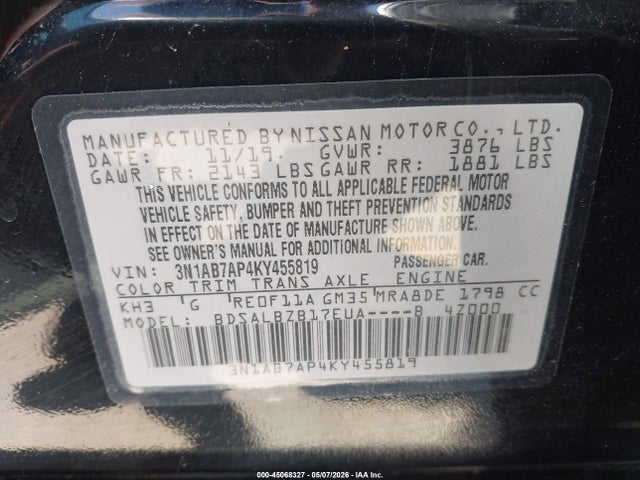 Продаж на аукціоні авто 2019 Nissan Sentra S, vin: 3N1AB7AP4KY455819, номер лоту: 45068327