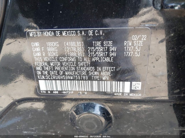 Продажа на аукционе авто 2022 Honda Hr-v Awd Ex, vin: 3CZRU6H59NM759789, номер лота: 45068332
