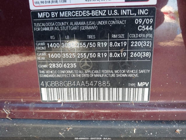 Aukcja sprzedaży 2010 Mercedes-benz Ml 350 4matic, vin: 4JGBB8GB4AA547885, numer aukcji: 45068333