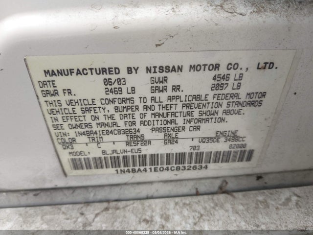 Aukcja sprzedaży 2004 Nissan Maxima 3.5 Se, vin: 1N4BA41E04C832634, numer aukcji: 45068339