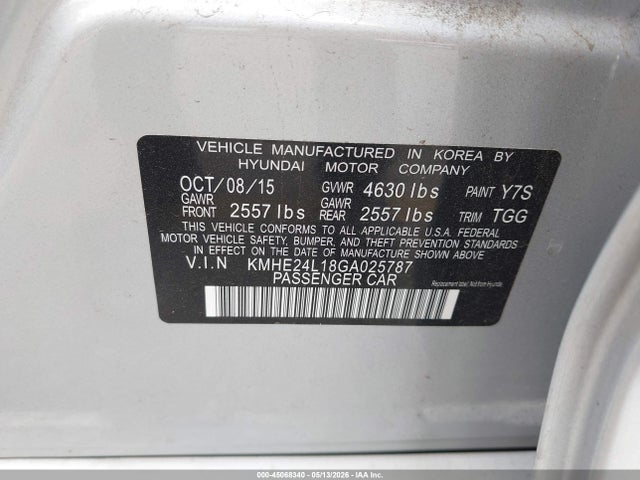 Aukcja sprzedaży 2016 Hyundai Sonata Hybrid Se, vin: KMHE24L18GA025787, numer aukcji: 45068340