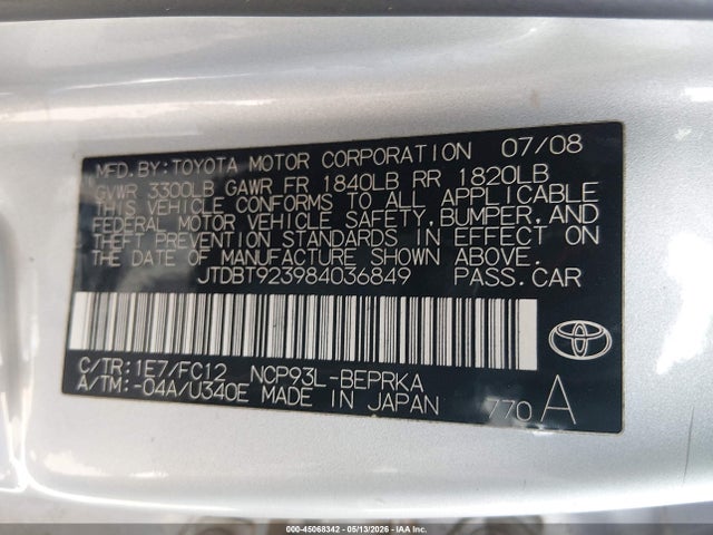 Aukcja sprzedaży 2008 Toyota Yaris, vin: JTDBT923984036849, numer aukcji: 45068342