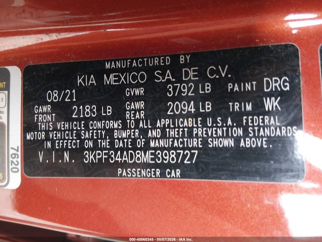 3KPF34AD8ME398727 KIA Forte Gt-line