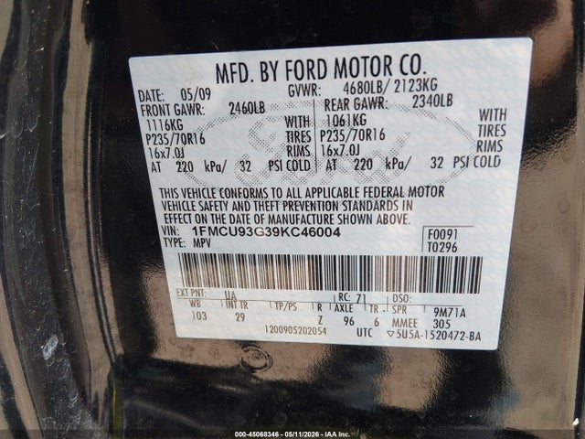 Продаж на аукціоні авто 2009 Ford Escape Xlt, vin: 1FMCU93G39KC46004, номер лоту: 45068346