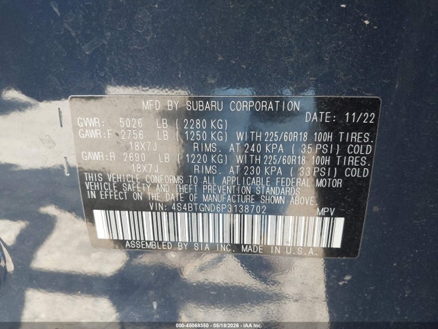 Aukcja sprzedaży 2023 Subaru Outback Limited Xt, vin: 4S4BTGND6P3138702, numer aukcji: 45068350