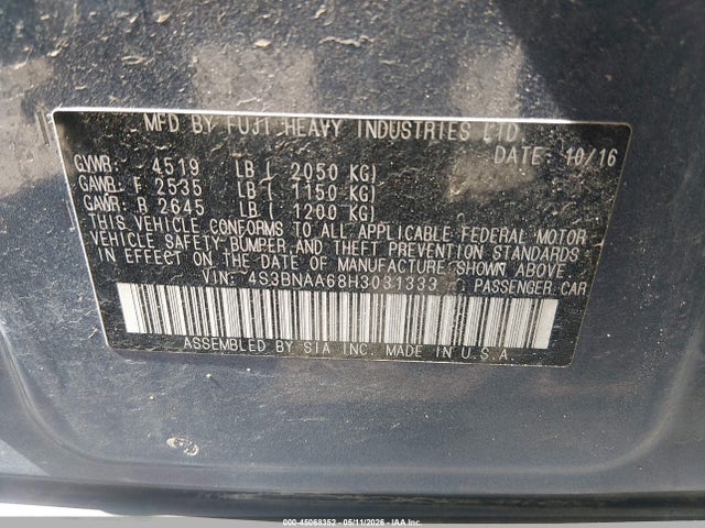 45068352 :رقم المزاد ، 4S3BNAA68H3031333 vin ، 2017 Subaru Legacy 2.5i مزاد بيع