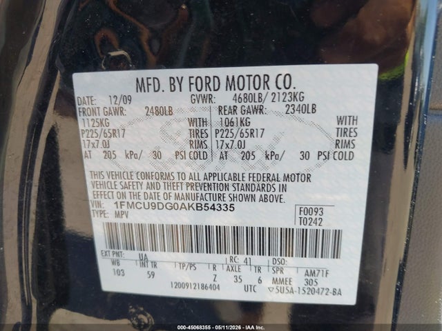 Продажа на аукционе авто 2010 Ford Escape Xlt, vin: 1FMCU9DG0AKB54335, номер лота: 45068355