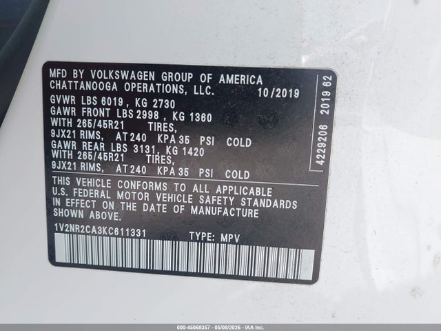 45068357 :رقم المزاد ، 1V2NR2CA3KC611331 vin ، 2019 Volkswagen Atlas 3.6l V6 Sel Premium مزاد بيع
