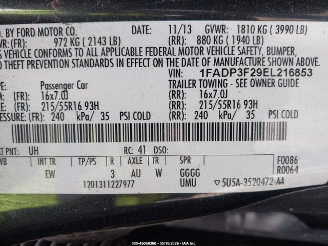 45068360 :رقم المزاد ، 1FADP3F29EL216853 vin ، 2014 Ford Focus Se مزاد بيع