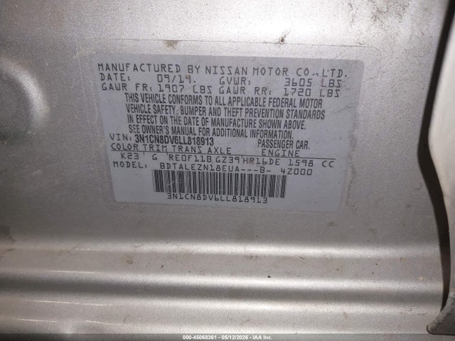 Nissan Versa S Xtronic Cvt 2020 3N1CN8DV6LL818913 Image 9