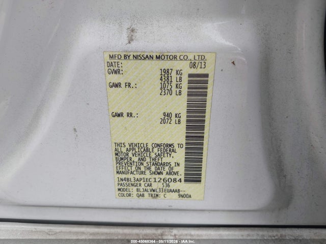 Aukcja sprzedaży 2014 Nissan Altima 3.5 Sl, vin: 1N4BL3AP1EC126084, numer aukcji: 45068364