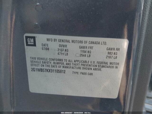 45068367 :رقم المزاد ، 2G1WB57KX91105812 vin ، 2009 Chevrolet Impala Ls مزاد بيع