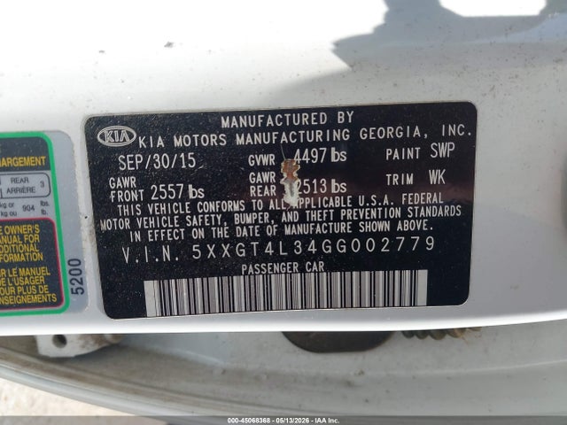 45068368 :رقم المزاد ، 5XXGT4L34GG002779 vin ، 2016 Kia Optima Lx مزاد بيع
