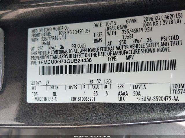 Aukcja sprzedaży 2016 Ford Escape Se, vin: 1FMCU0G73GUB23438, numer aukcji: 45068377
