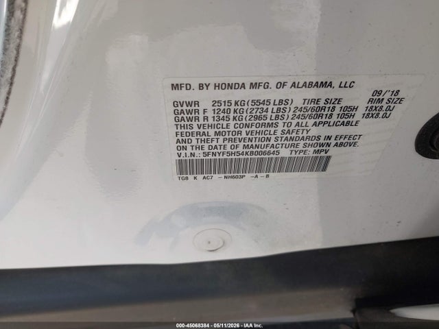 Продаж на аукціоні авто 2019 Honda Pilot Ex-l, vin: 5FNYF5H54KB006645, номер лоту: 45068384