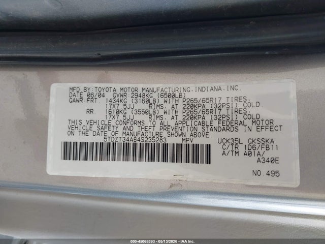 Aukcja sprzedaży 2004 Toyota Sequoia Sr5 V8, vin: 5TDZT34A84S235283, numer aukcji: 45068393