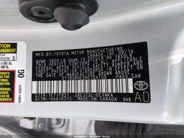 2T1BURHE2HC764709 Toyota COROLLA LE
