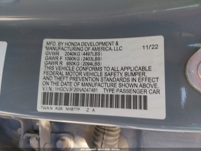 1HGCV3F26NA047481 Honda Accord Hybrid Sport