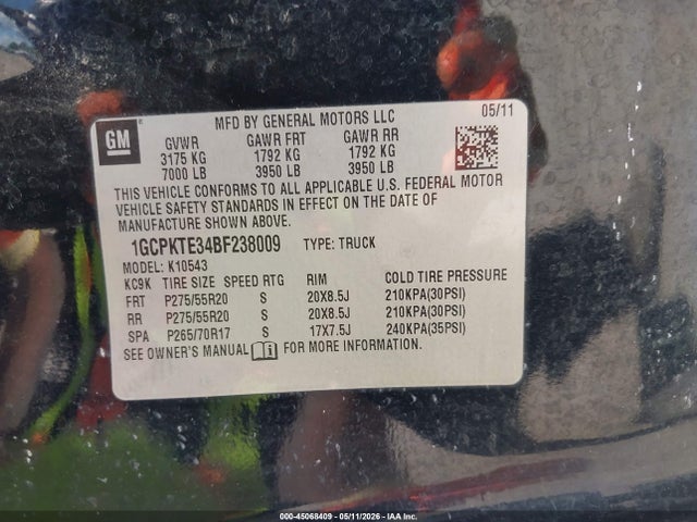 45068409 :رقم المزاد ، 1GCPKTE34BF238009 vin ، 2011 Chevrolet Silverado 1500 Ltz مزاد بيع