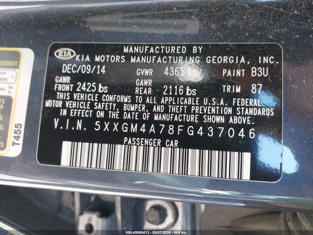 2015 Kia Optima Lx მანქანა იყიდება აუქციონზე, vin: 5XXGM4A78FG437046, აუქციონის ნომერი: 45068413
