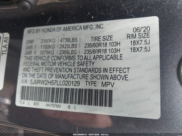 Aukcja sprzedaży 2020 Honda Cr-v Awd Ex, vin: 5J6RW2H57LL020129, numer aukcji: 45068415