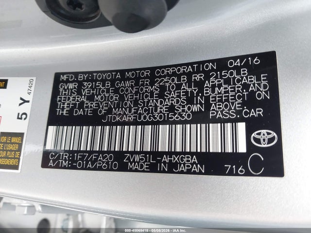 JTDKARFU0G3015630 Toyota Prius Three