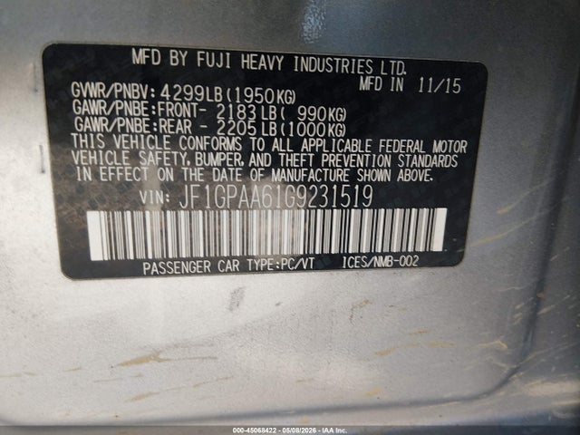 Продаж на аукціоні авто 2016 Subaru Impreza 2.0i, vin: JF1GPAA61G9231519, номер лоту: 45068422