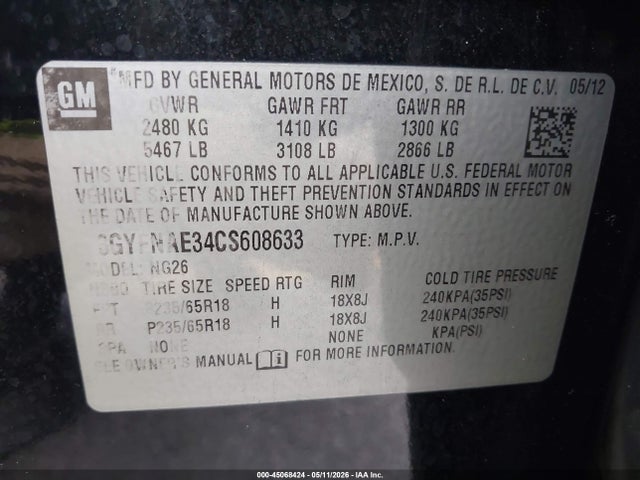 Продаж на аукціоні авто 2012 Cadillac Srx Luxury Collection, vin: 3GYFNAE34CS608633, номер лоту: 45068424