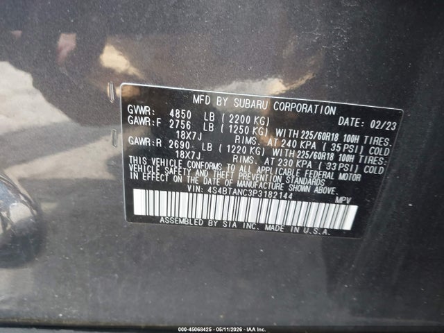 2023 Subaru Outback Limited მანქანა იყიდება აუქციონზე, vin: 4S4BTANC3P3182144, აუქციონის ნომერი: 45068425