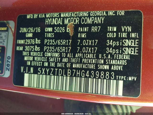 45068426 :رقم المزاد ، 5XYZTDLB7HG439883 vin ، 2017 Hyundai Santa Fe Sport 2.4l مزاد بيع