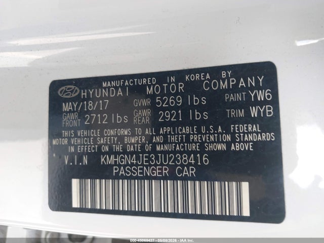 KMHGN4JE3JU238416 Genesis G80 3.8
