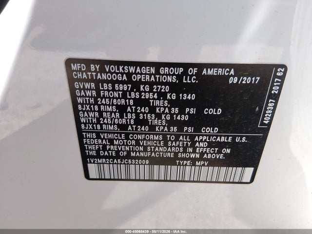 2018 Volkswagen Atlas 3.6l V6 Sel მანქანა იყიდება აუქციონზე, vin: 1V2MR2CA5JC532009, აუქციონის ნომერი: 45068439