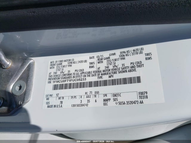 Продаж на аукціоні авто 2015 Ford Escape S, vin: 1FMCU0F71FUC05233, номер лоту: 45068441