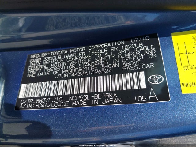 2010 Toyota Yaris მანქანა იყიდება აუქციონზე, vin: JTDBT4K33A1396824, აუქციონის ნომერი: 45068444