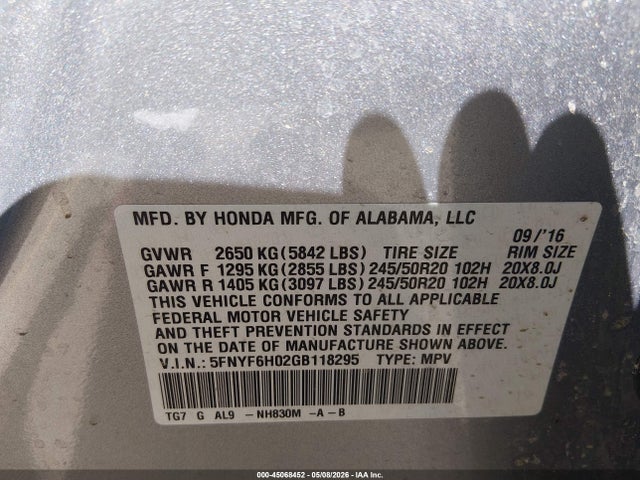 2016 Honda Pilot Elite მანქანა იყიდება აუქციონზე, vin: 5FNYF6H02GB118295, აუქციონის ნომერი: 45068452