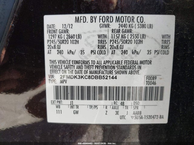45068463 :رقم المزاد ، 2FMDK3KC8DBB52144 vin ، 2013 Ford Edge Limited مزاد بيع