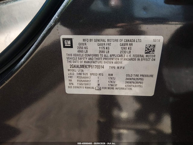 Aukcja sprzedaży 2015 Gmc Terrain Sle-1, vin: 2GKALMEK7F6176514, numer aukcji: 45068465
