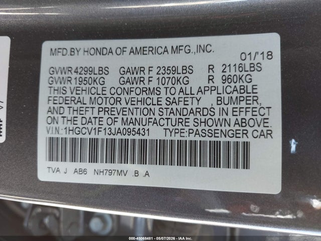 Продаж на аукціоні авто 2018 Honda Accord Lx, vin: 1HGCV1F13JA095431, номер лоту: 45068481