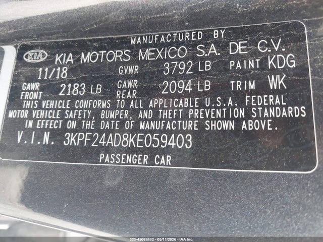 2019 Kia Forte Lxs მანქანა იყიდება აუქციონზე, vin: 3KPF24AD8KE059403, აუქციონის ნომერი: 45068482