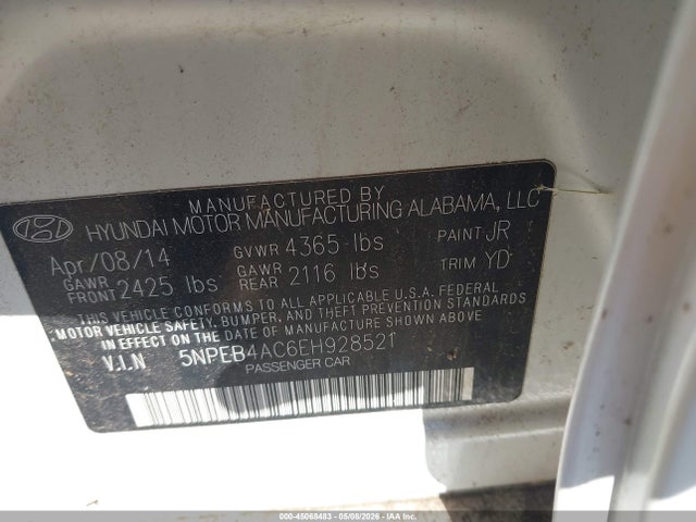 45068483 :رقم المزاد ، 5NPEB4AC6EH928521 vin ، 2014 Hyundai Sonata Gls مزاد بيع