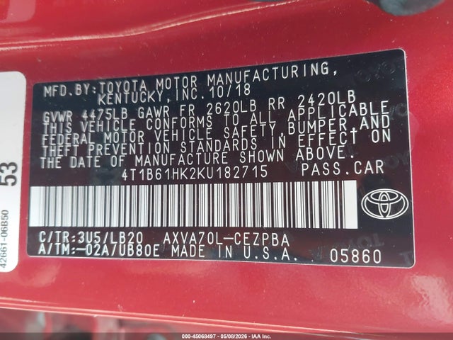 Продаж на аукціоні авто 2019 Toyota Camry Xse, vin: 4T1B61HK2KU182715, номер лоту: 45068497