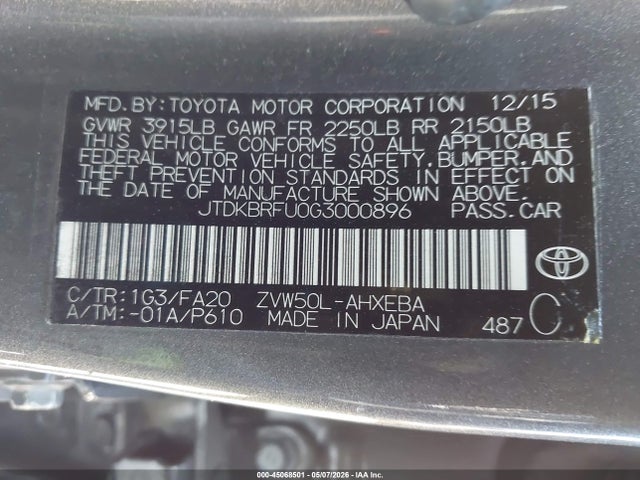 JTDKBRFU0G3000896 Toyota Prius Two