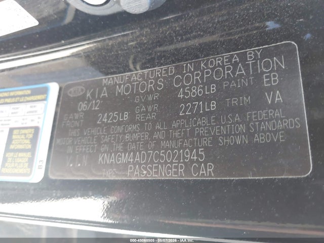 45068505 :رقم المزاد ، KNAGM4AD7C5021945 vin ، 2012 Kia Optima Hybrid Ex مزاد بيع