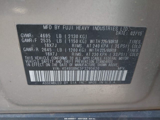 Aukcja sprzedaży 2015 Subaru Outback 2.5i Limited, vin: 4S4BSBNC5F3295620, numer aukcji: 45068517