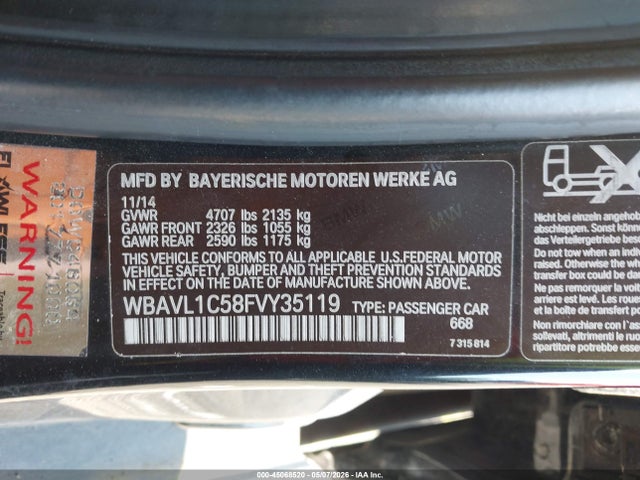 2015 Bmw X1 Xdrive28i მანქანა იყიდება აუქციონზე, vin: WBAVL1C58FVY35119, აუქციონის ნომერი: 45068520