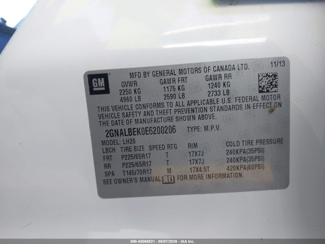 Aukcja sprzedaży 2014 Chevrolet Equinox 1lt, vin: 2GNALBEK0E6200206, numer aukcji: 45068521