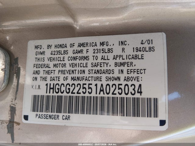 2001 Honda Accord 3.0 Ex მანქანა იყიდება აუქციონზე, vin: 1HGCG22551A025034, აუქციონის ნომერი: 45068522