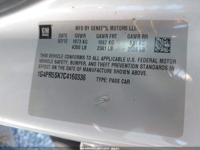 Продаж на аукціоні авто 2012 Buick Verano Convenience Group, vin: 1G4PR5SK7C4160336, номер лоту: 45068523