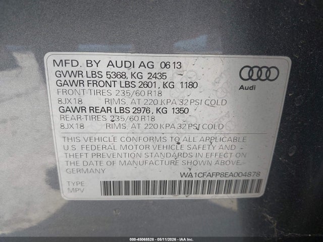 Продаж на аукціоні авто 2014 Audi Q5 2.0t Premium, vin: WA1CFAFP8EA004878, номер лоту: 45068528
